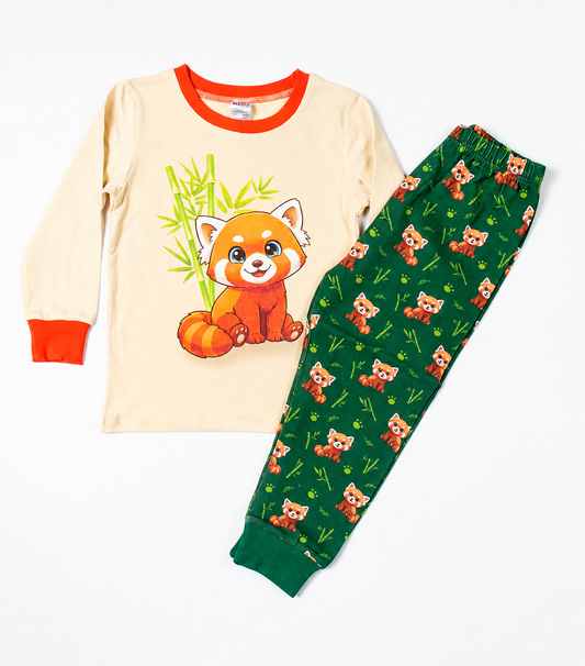 Kids Red Panda pyjama set with long sleeve top and matching printed trousers laid flat