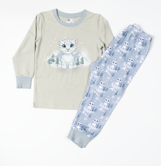 Kids blue snow leopard Christmas pyjama set with long sleeve top and matching trousers displayed as a flat lay.