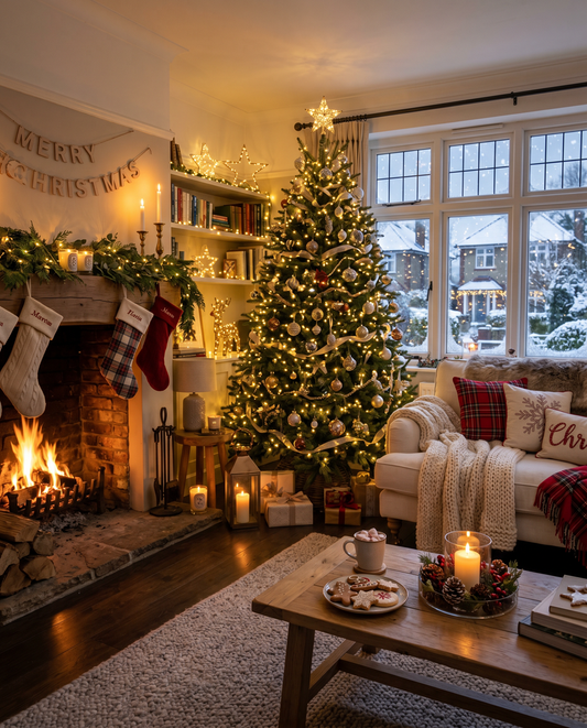 A festive Christmas home decorated with twinkling lights, cosy blankets, seasonal treats, natural greenery, and warm holiday décor, creating a welcoming and magical Christmas atmosphere for family and friends.