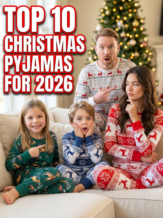 Family wearing matching Christmas pyjamas on a sofa with bold text reading 'Top 10 Christmas Pyjamas 2026'. Festive YouTube thumbnail showcasing the best family matching Christmas pyjamas for 2026.