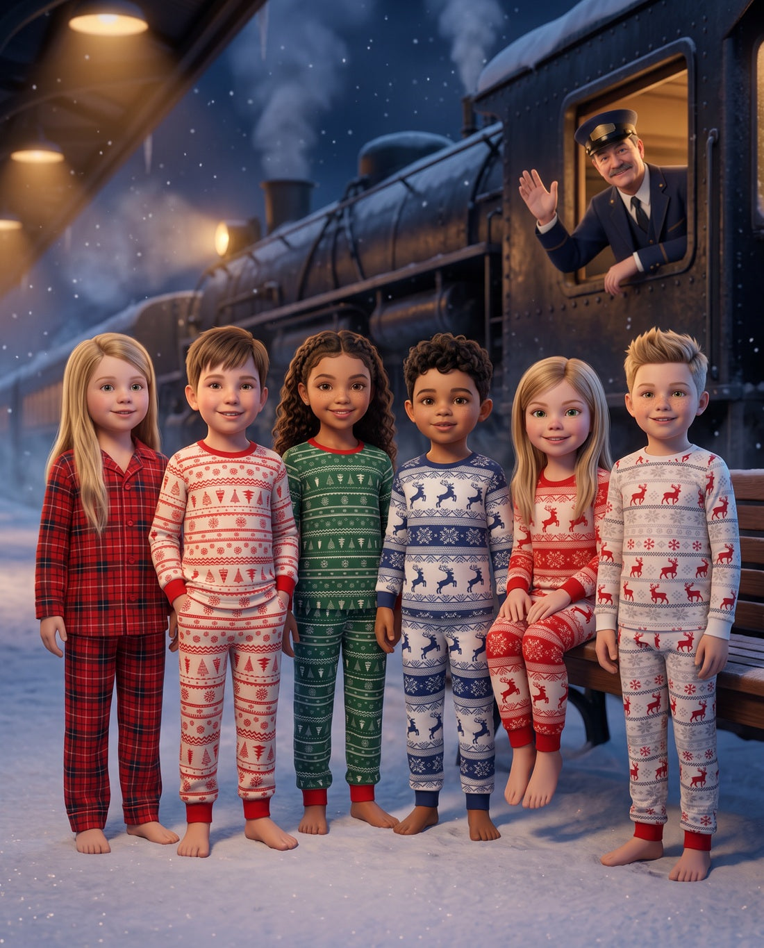 Kids getting ready for their Polar Express Train Journey whilst wearing their Christmas Pyjamas
