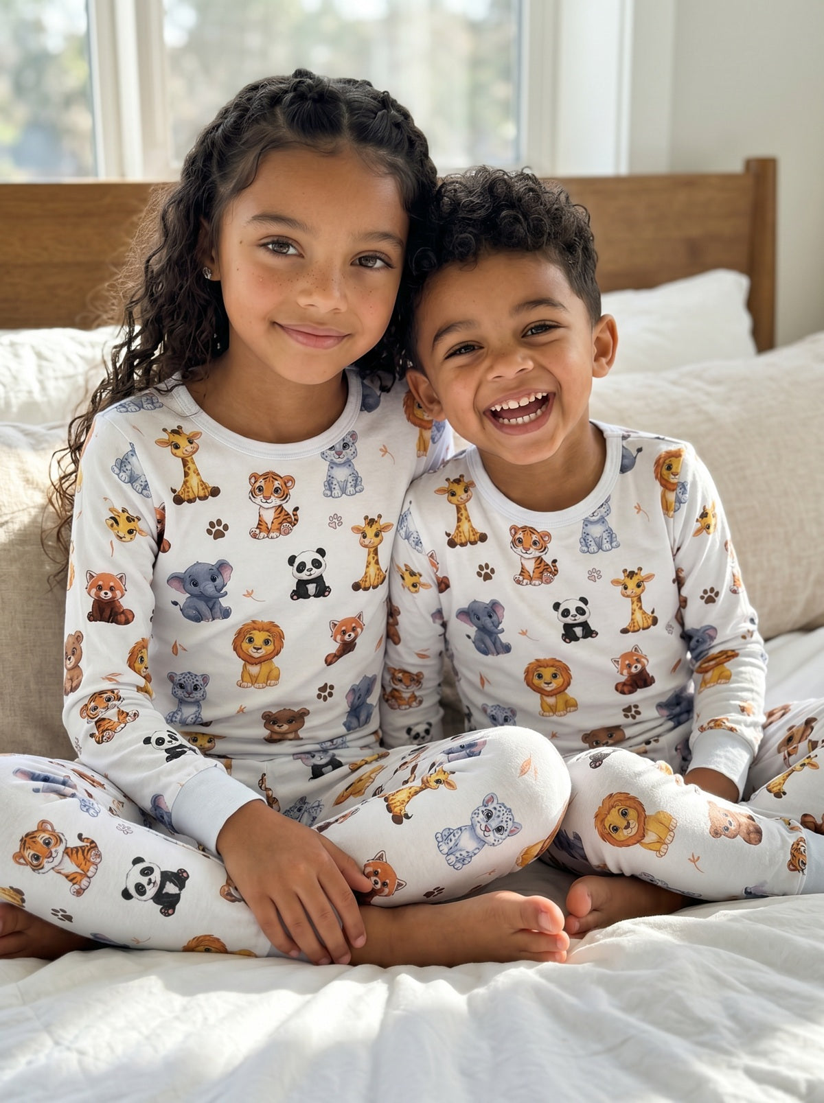 Sister and Brother wearing matching white jungle animal pyjamas with giraffe, lion, Red Panda and Tiger print.