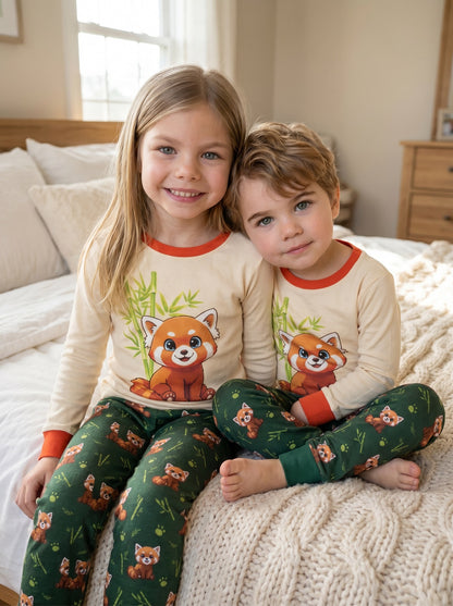 Brother and sister wearing matching Red Panda pyjamas sitting together on a bed