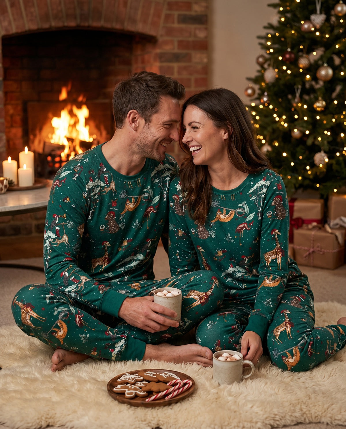 Adult couple in green jungle print Christmas pyjamas by the fireplace