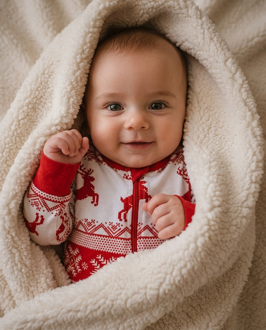 Smiling baby boy wearing Cubwear matching family Christmas pyjamas Fair Isle romper in cosy festive home setting.