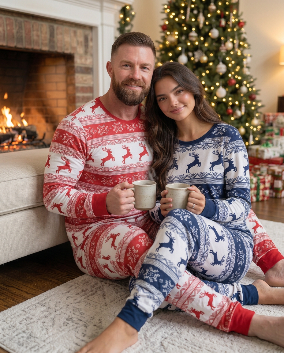 Matching Couple in their Red and Nav Fair Isle PJs