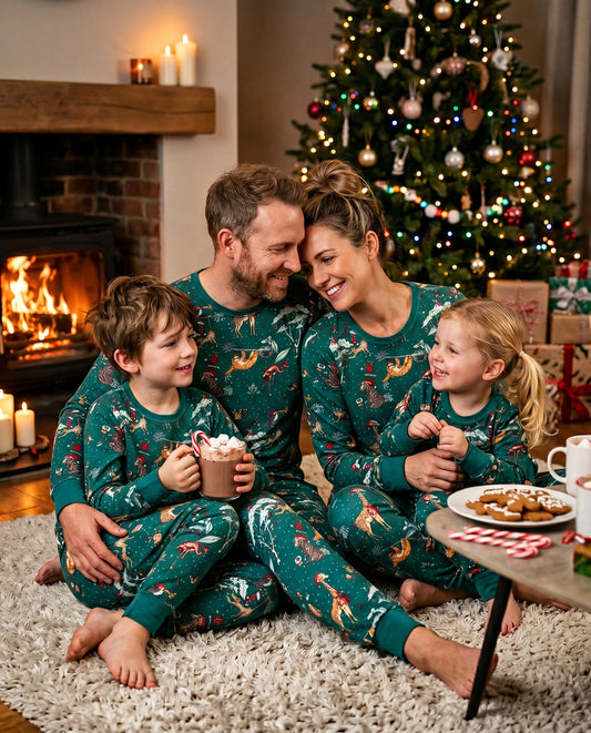 Jungle print Christmas pyjamas set with green tropical design for family matching