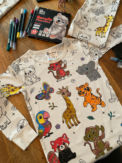 Animal colour-in pyjamas and fabric pens creating a fun personalised activity for children.