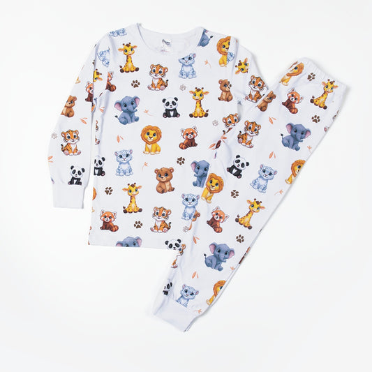 Children's white jungle animal print pyjama set laid flat showing long sleeve top and matching trousers