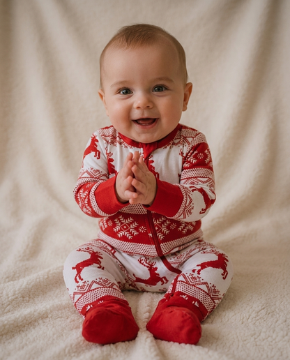 Family matching Christmas pyjamas baby romper by Cubwear featuring classic Fair Isle print for boys and girls.