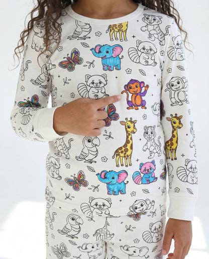 Kids animal colour-in pyjamas featuring lions, giraffes, elephants and jungle animals.