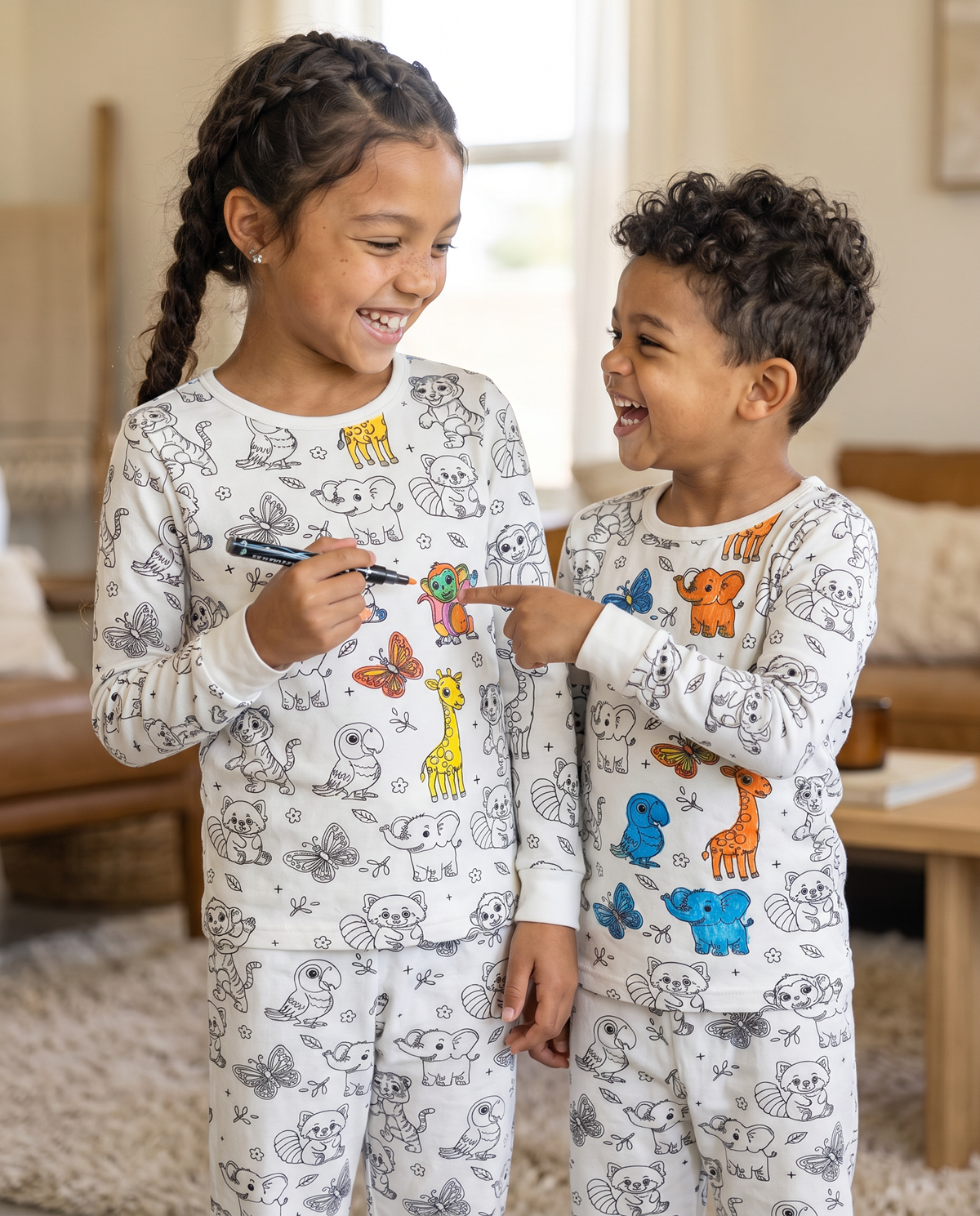 Brother and sister wearing animal colour-in pyjamas while colouring their designs with fabric pens.