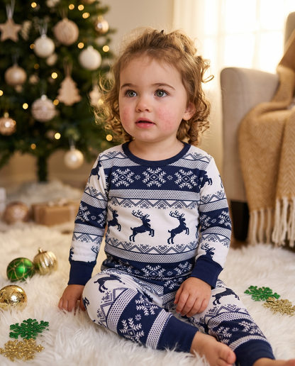 Kids navy Fair Isle Christmas pyjamas by Cubwear featuring premium soft cotton and festive winter pattern.
