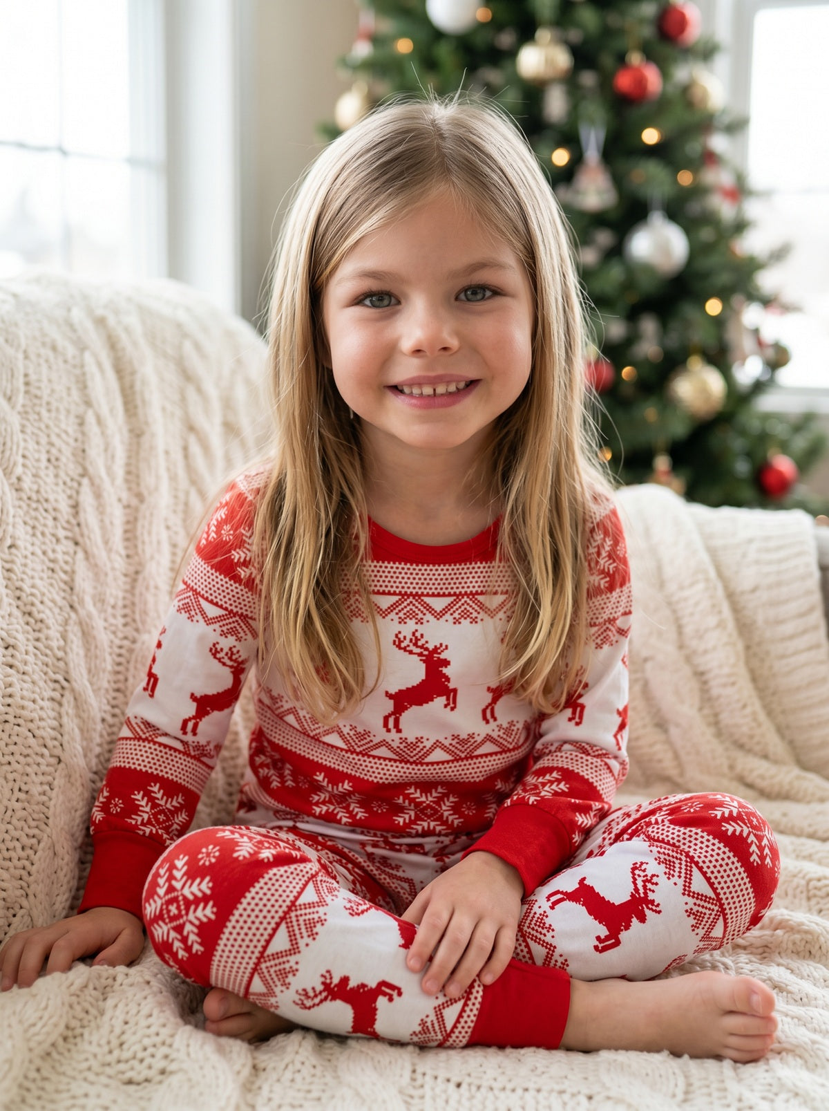 Girl wearing matching family Christmas pyjamas by Cubwear featuring traditional Fair Isle winter pattern.