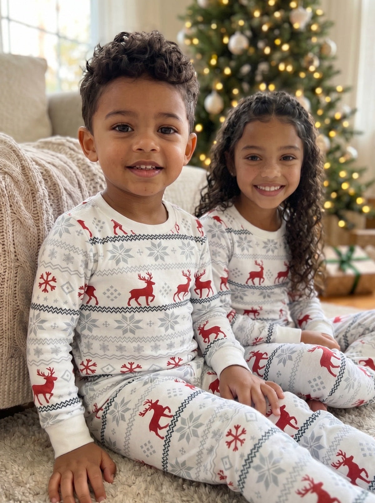 Kids snuggling in their Nordic Christmas PJs