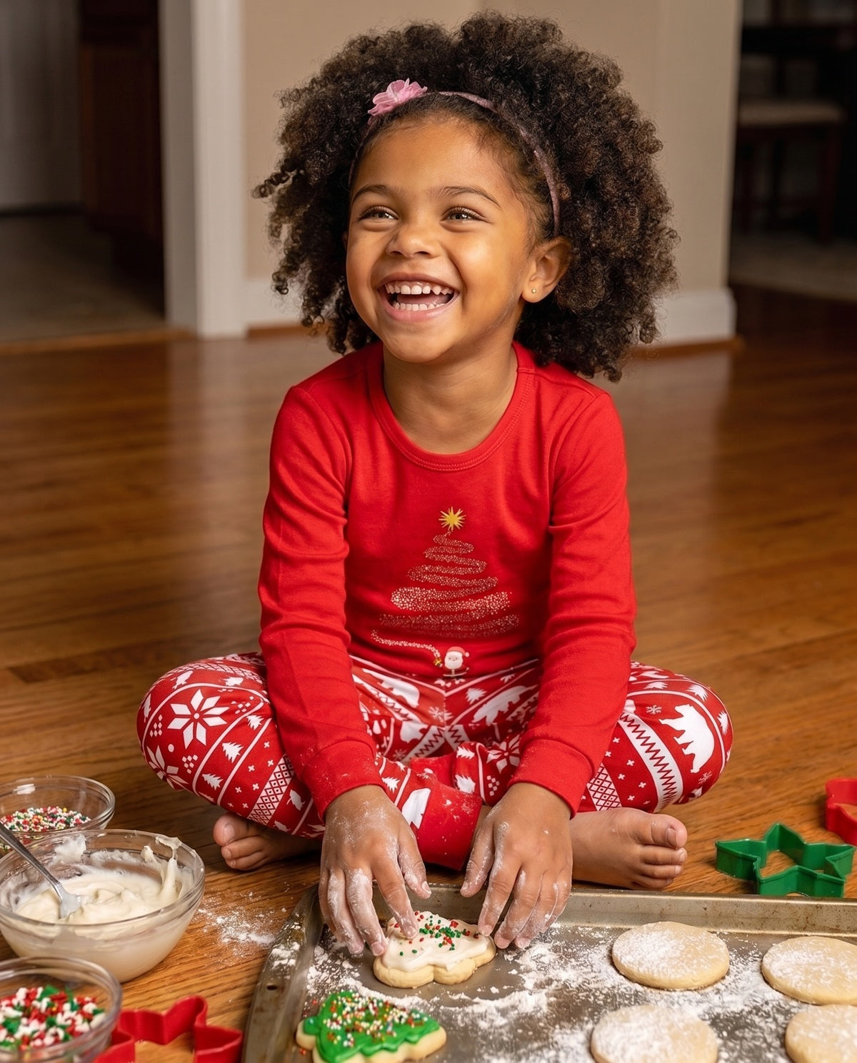 Child relaxing in Cubwear Red magical Christmas pyjamas while baking some Christmas cakes. 