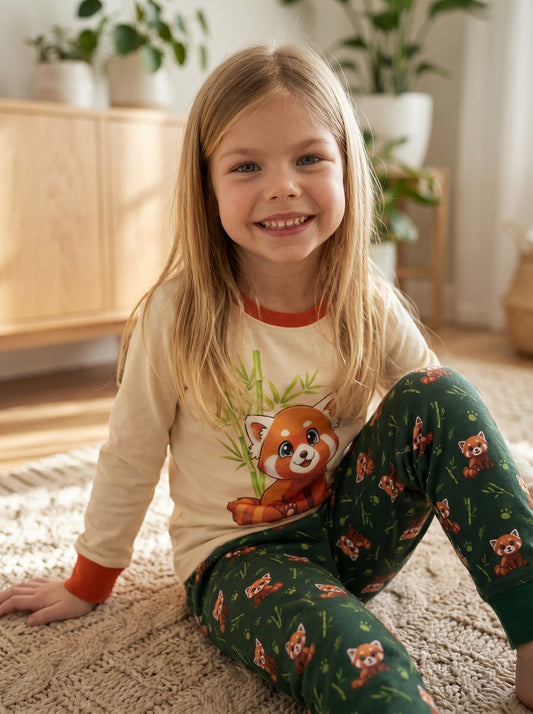 Smiling girl wearing Red Panda cotton pyjamas sitting in a cosy bedroom