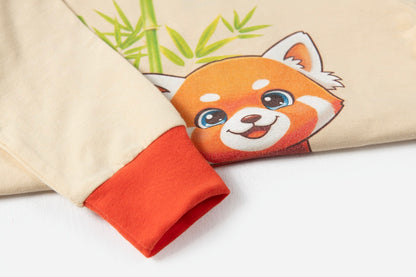 Close-up of Red Panda pyjama neckline with soft ribbed collar and premium cotton finish