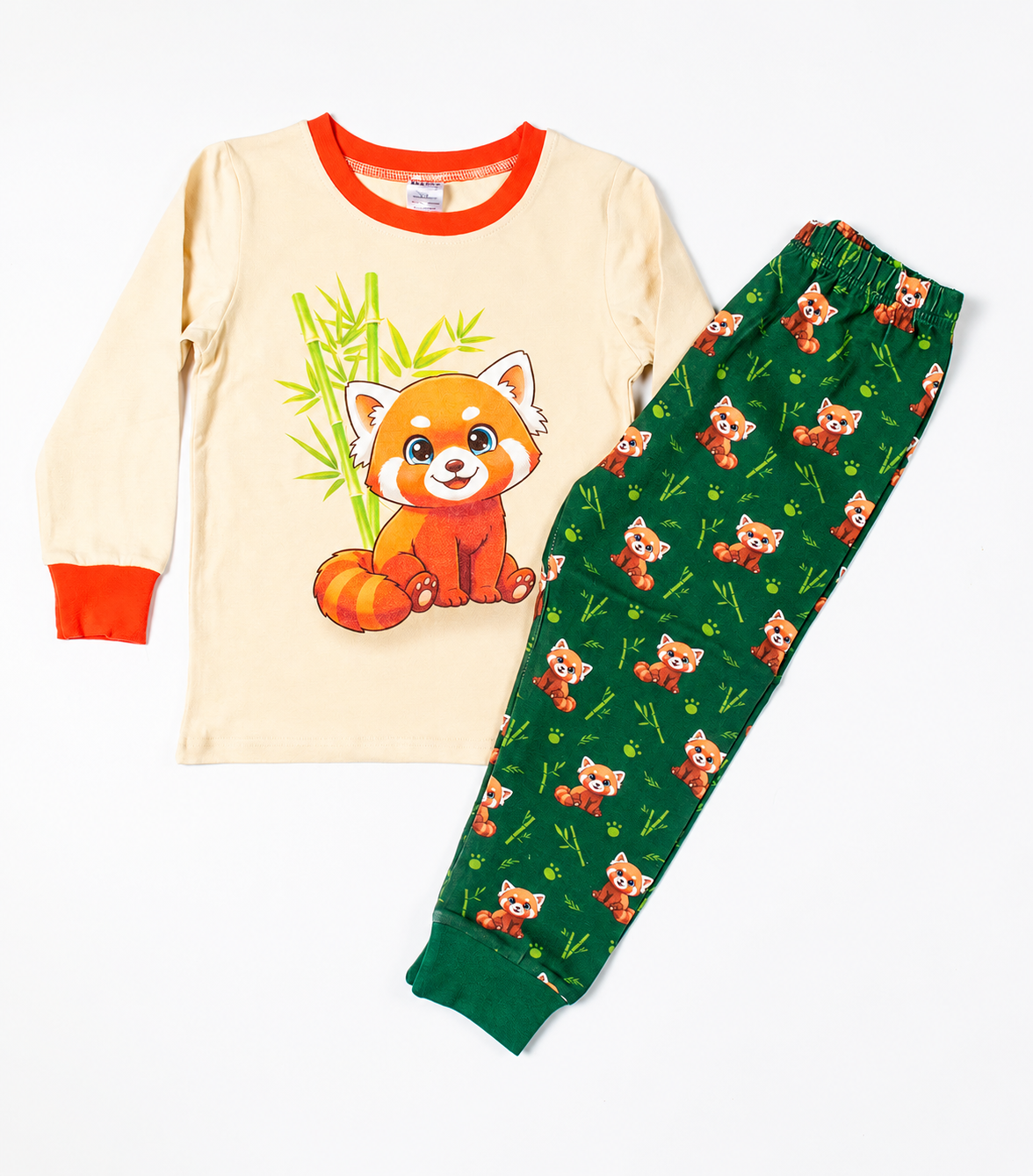 Kids Red Panda pyjama set with long sleeve top and matching printed trousers laid flat