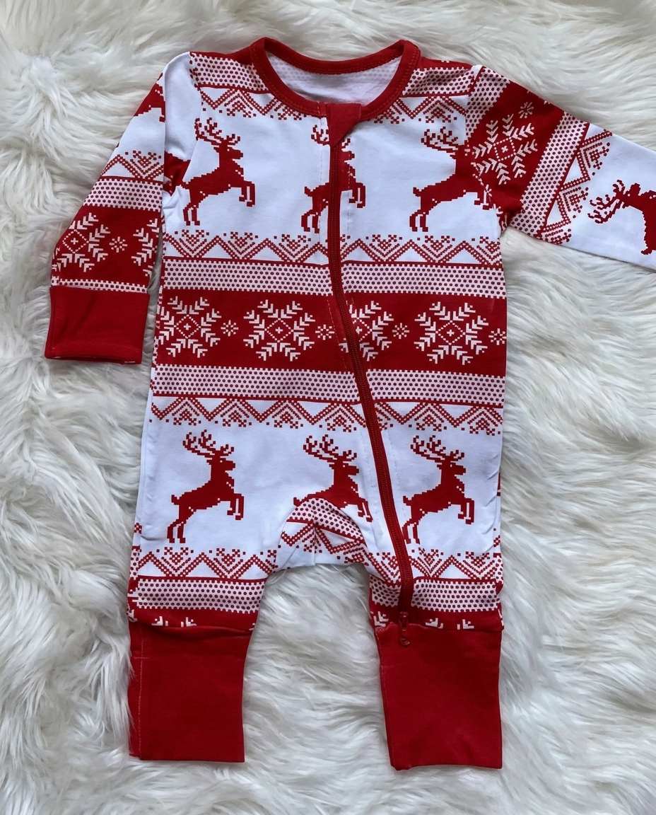 Flat lay of Cubwear baby boy Fair Isle Christmas romper in premium soft cotton featuring classic Nordic festive family matching pyjama design.