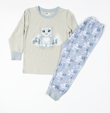 Kids blue snow leopard Christmas pyjama set with long sleeve top and matching trousers displayed as a flat lay.