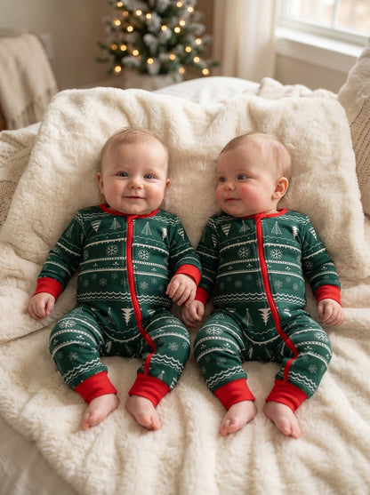 Baby boys wearing green Christmas romper by Cubwear featuring soft premium cotton and festive holiday design.