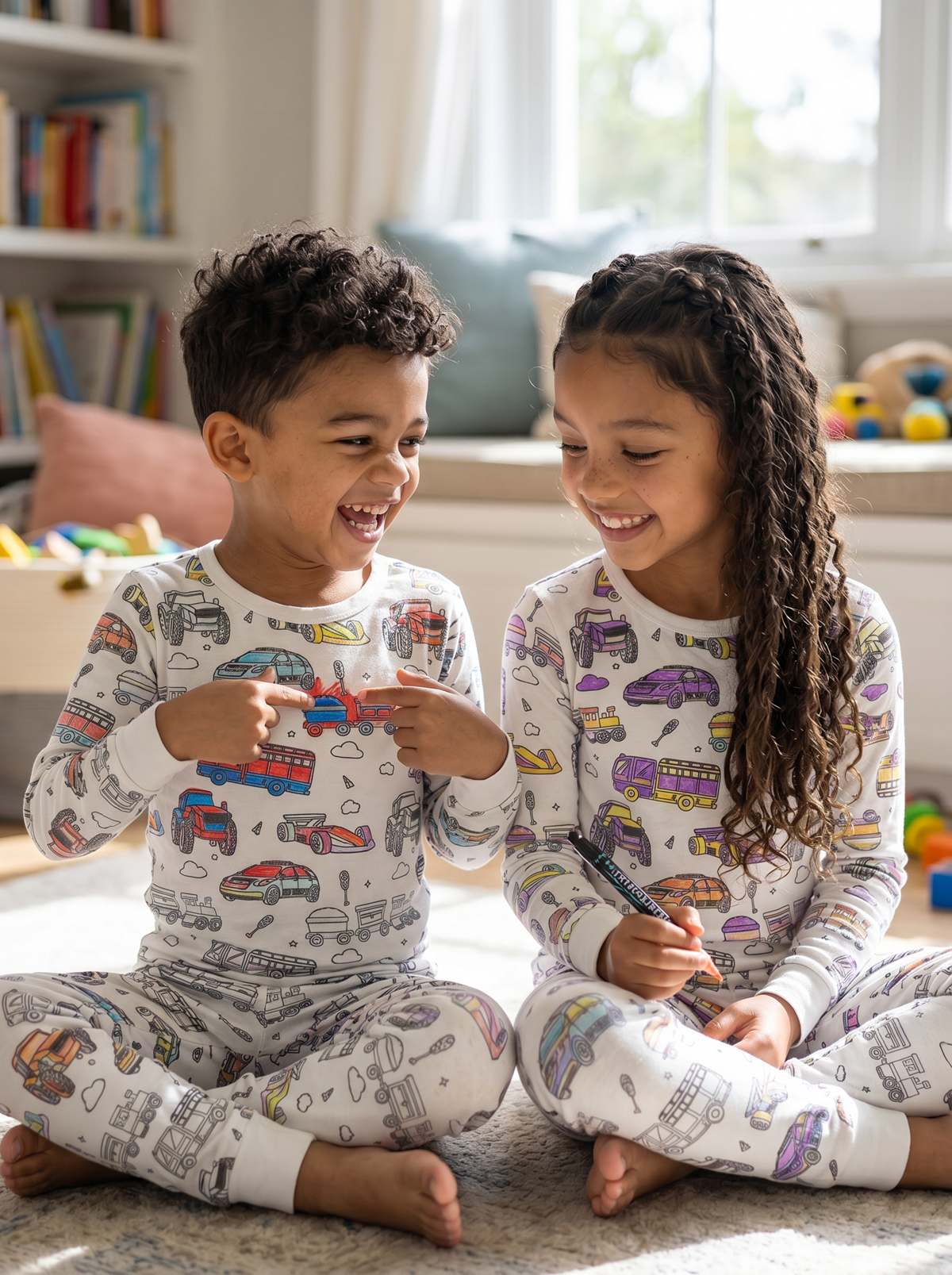 Children wearing customised Vehicles Colour-In Pyjamas after colouring their favourite vehicle designs.