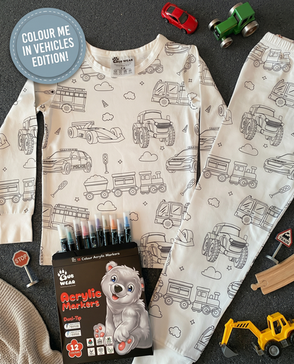 Vehicles Colour-In Pyjama set with fabric pens featuring cars, trucks, tractors and fire engines.