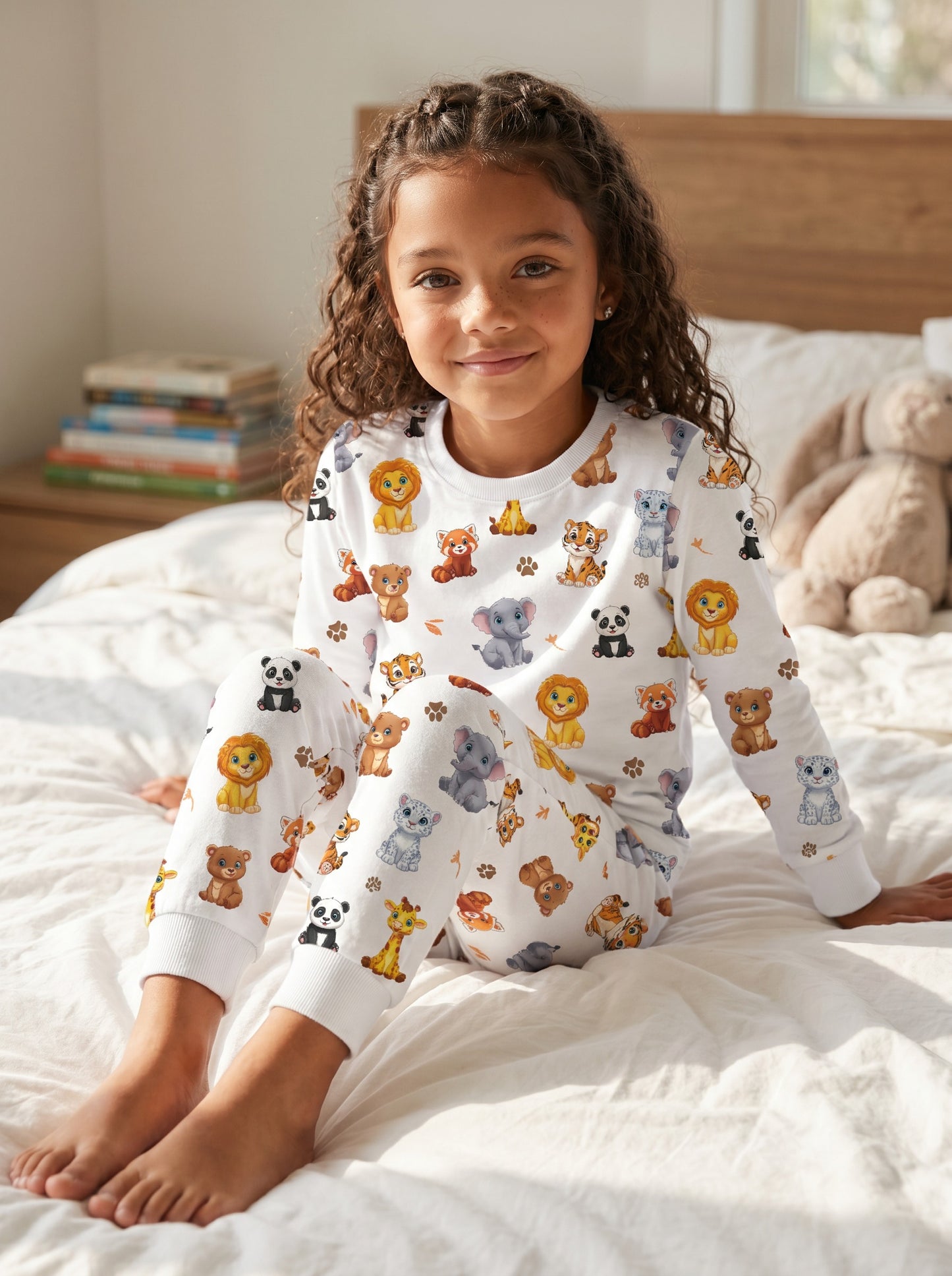 Smiling young girl wearing soft white jungle animal print pyjamas indoors.